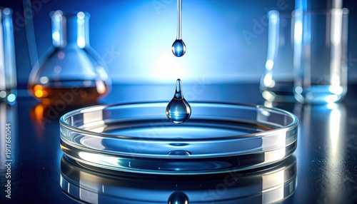 Wallpaper Mural A single clear, viscous liquid droplet, part of the FlyPro Firefly series, is precisely suspended above a sterile petri dish in a realistic, spotlight-focused photograph. Torontodigital.ca