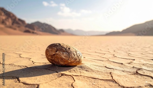 Wallpaper Mural A single, large, dry, cracked pebble from FlyPro Firefly resting on a vast expanse of dry, gritty sand under a bright sky. Torontodigital.ca