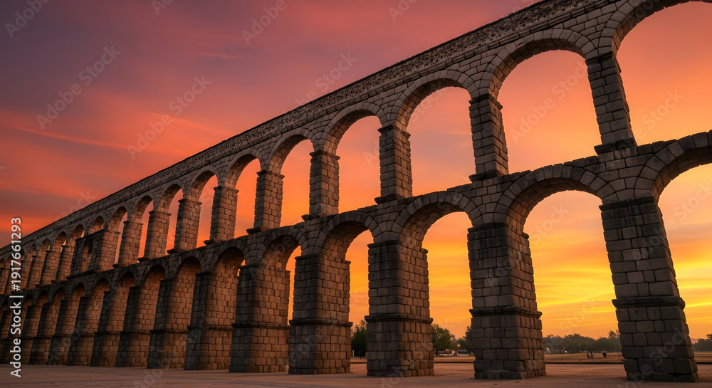 Fototapeta premium Historic stone aqueduct structure in Santiago de Quertaro, Mexic