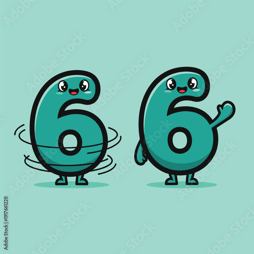 Cartoon Number Six Characters with Expressions.