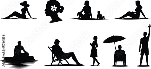 Beach people silhouettes collection, women relaxing sunbathing and vacation scenes isolated on white background set