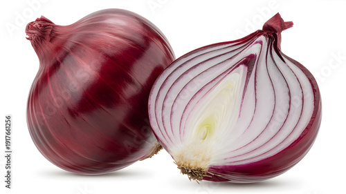 A vibrant red onion and its sliced half against a clean white background