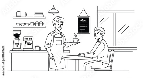 Takeaway coffee service by cafe staff flat vector illustration background