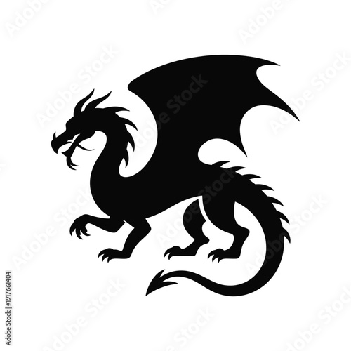 A striking black silhouette of a traditional four legged dragon in profile