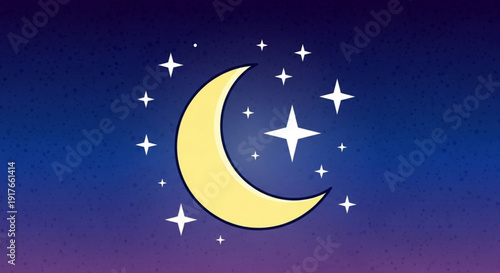 Crescent moon and stars shine brightly in a dark blue night sky with a gradient purple background