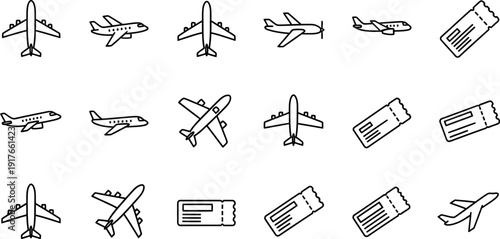 Airplane and Travel Ticket Vector Icon Set for Aviation, Flight, and Transportation Design