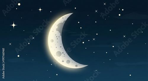 Glowing crescent moon in a starry night sky with a dark blue background and twinkling stars