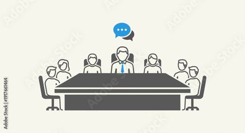 Business meeting illustration with conversation bubbles and seated people