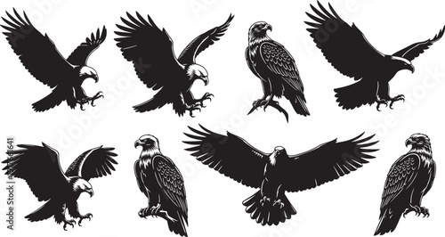Collection of seven black and white eagle silhouettes in flight, perched, and swooping poses, symbolizing strength, freedom, vision, and majestic bird concepts in vector design