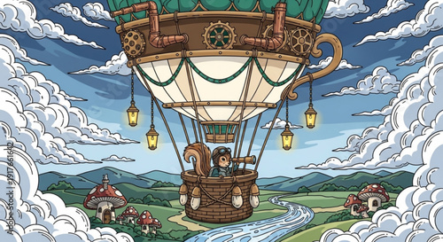 Steampunk hot air balloon soars through cloudy skies with people on board and below in a fantasy landscape
