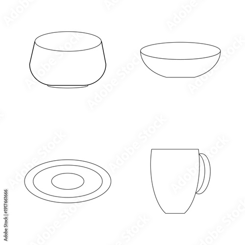 Kitchen dishware set. Bowls plate mug Vector. Contour line tableware. Simple cookware shapes.