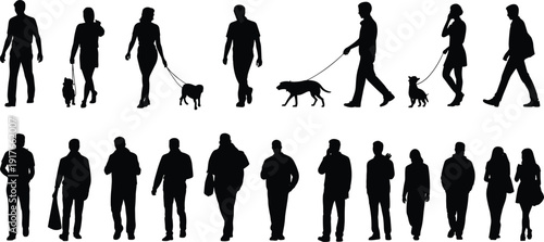 People walking with dogs silhouettes collection, men and women strolling pets isolated on white background set