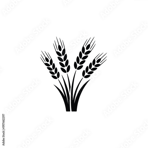Simple black and white illustration depicting four stalks of wheat with green leaves
