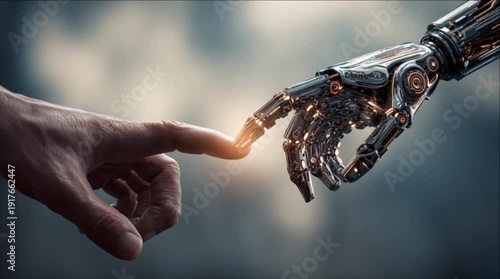 human hand and artificial robot technology hand working and meeting together at fingerpoint