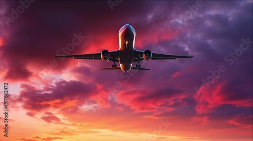 starting airplane flying in colorful sunset clouds