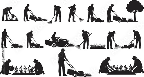 Silhouetted figures performing gardening and lawn care tasks, including mowing, raking, planting, and tree maintenance, representing outdoor landscaping and yard work activities