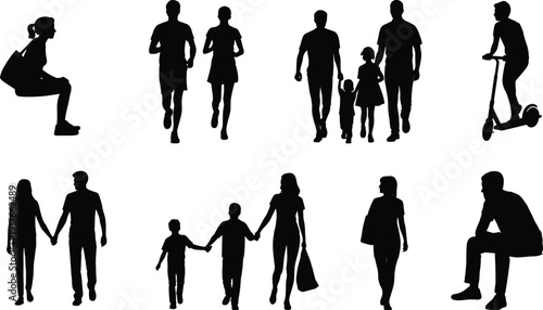 Family and active people silhouettes collection, parents children walking running and sitting isolated on white background set