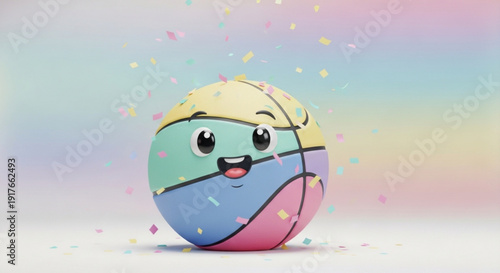 Smiling Cartoon Basketball Character with Confetti on Pastel Background