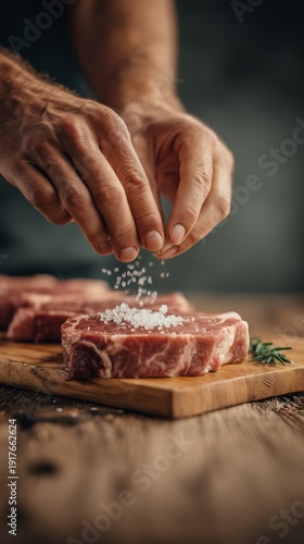 Close up salting steak on board. Vertical home cooking preparation. Fresh raw beef with rosemary. Simple recipe for men concept. Protein dinner meal idea. Rustic kitchen atmosphere.
