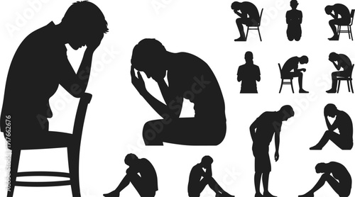 Depressed and stressed people silhouettes collection, sad man and woman sitting isolated on white background set