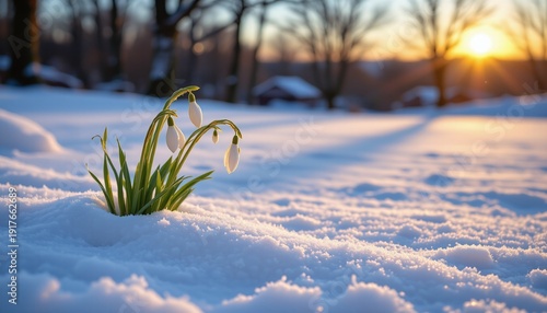 A serene winter tableau unfolds at dawn, capturing the gentle awakening of spring amid a pristine snow covered landscape