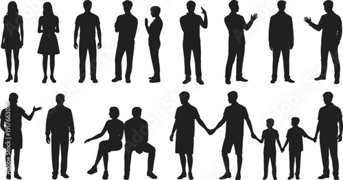 People and family silhouette collection, men women and children standing sitting interacting isolated on white background