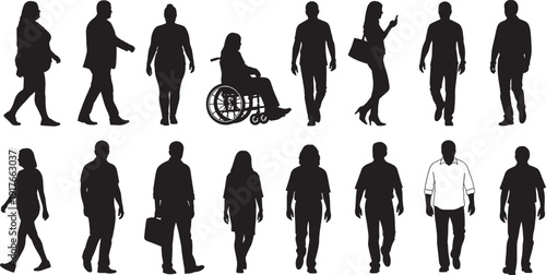 Silhouettes of diverse individuals including a person in a wheelchair, walking and standing with bags and phones, representing accessibility, inclusion, and everyday human diversity