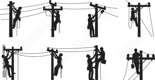 Silhouetted utility workers performing maintenance and installation tasks on power poles, equipped with safety gear, harnesses, and tools, highlighting electrical line work and infrastructure labor