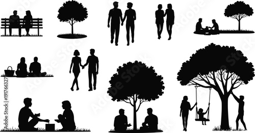 Family and couple silhouettes in park, people sitting under trees and walking isolated on white background set