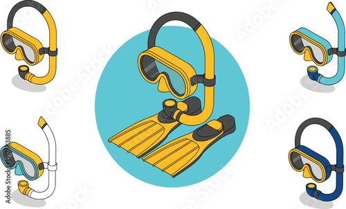 WebIsometric diving equipment set with snorkel mask fins, colorful scuba gear illustration isolated on white background, underwater adventure concept