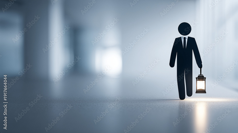 Obraz premium Illuminating The Path: A silhouette figure of a businessman strides confidently through a modern corridor, carrying a glowing lantern that symbolizes guidance and visionary leadership.