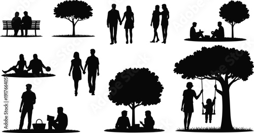 Family and couple silhouettes in park, people sitting under tree and walking isolated on white background collection