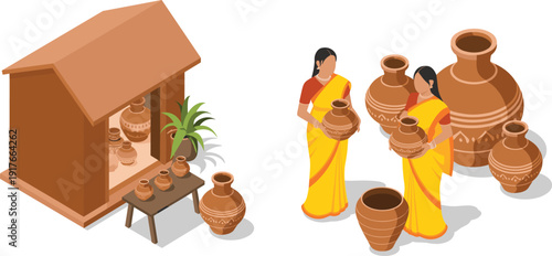 Isometric Indian pottery shop with women in sari holding clay pots, traditional village craft market illustration isolated background