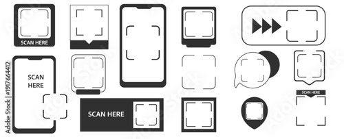 Scanning frames Qr codes stickers and scan me phone tag inscription. Phone arrow, borders. QR code mockup, layout. Qr code for payment, e-wallet, web, mobile app. UI UX design element set