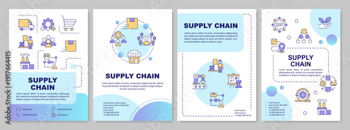 Supply chain blue gradient brochure layout. Manufacturing control, production management. Leaflet advertising design with color line icons. Editable 4 pages. Arial-Bold, Myriad Pro-Regular fonts used