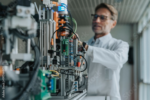 Male scientist inventing machinery in laboratory