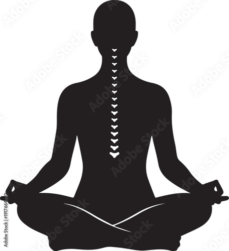 Black silhouette of a person meditating in lotus position with spine and vertebrae visible