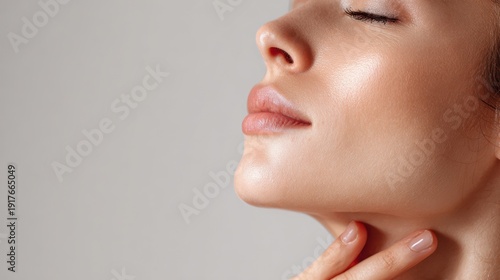 Closeup side vtouchiofile of beautiful young woman with perfect glowing glass skin touching her neck. Mockup for skincare advertisement with copy space on grey background.