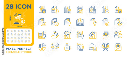 Financial reporting pixel perfect two color line icons set. Documenting, summarizing and communicating activities bicolor outline iconset isolated. Duotone pictograms thin linear. Editable stroke