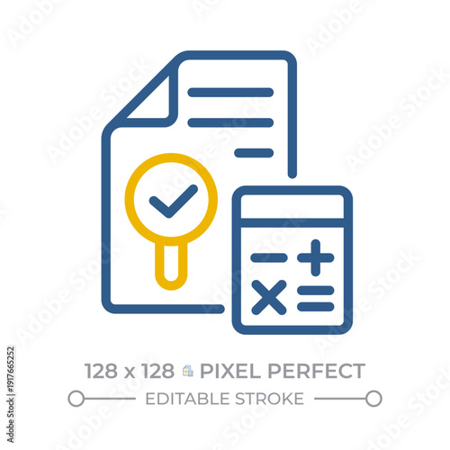Account reconciliation pixel perfect two color line icon. Financial audit of company activity. Corporate finances bicolor outline iconset isolated. Duotone pictograms thin linear. Editable stroke