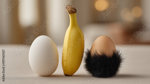 Egg-cellent Combination: A close-up shot of an egg, a banana, and an egg in a playful composition, emphasizing the simple beauty of everyday objects and inviting a sense of curiosity.