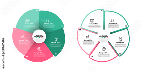 Vector circular infographic 5 option steps for business presentations, marketing, banners, web, and communication. Venn diagram 5 steps. Vector editable