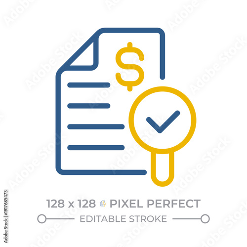 Financial audit pixel perfect two color line icon. Evaluation of organization statements and records. Commercial bicolor outline iconset isolated. Duotone pictograms thin linear. Editable stroke