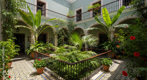 Lush tropical garden courtyard inside a historic colonial buildi