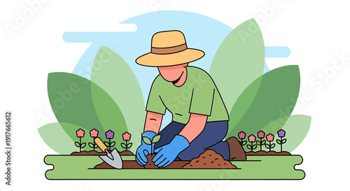 Gardener planting seedling in fertile soil, surrounded by blooming flowers and lush foliage.