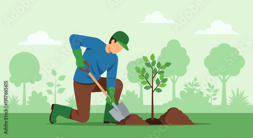 Gardener planting a sapling tree in a park with green background