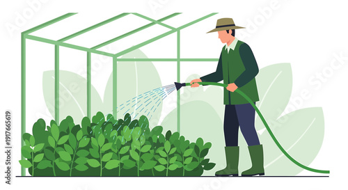 Gardener tending plants in a greenhouse with a hose
