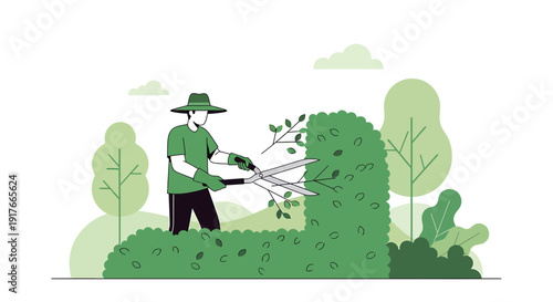 Gardener Pruning Hedge with Shears, Outdoor Landscaping Scene, Flat Design