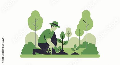 Gardener planting young saplings in a lush green environment, illustration