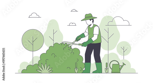 Gardener Trimming Bush with Shears, Outdoor Nature Scene, Flat Design